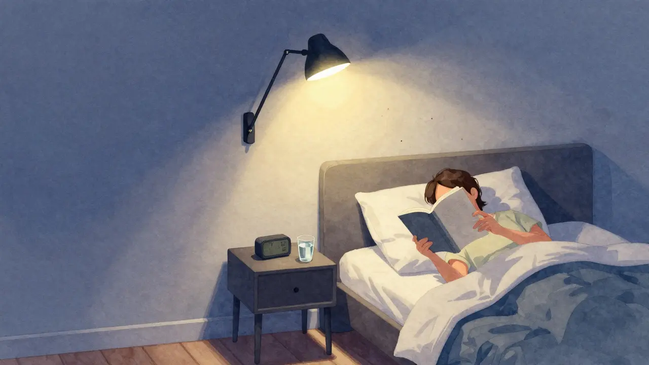 Nástěnné svítidlo osvětluje knihu v posteli, zatímco prostor podlahy je volný a klidný.