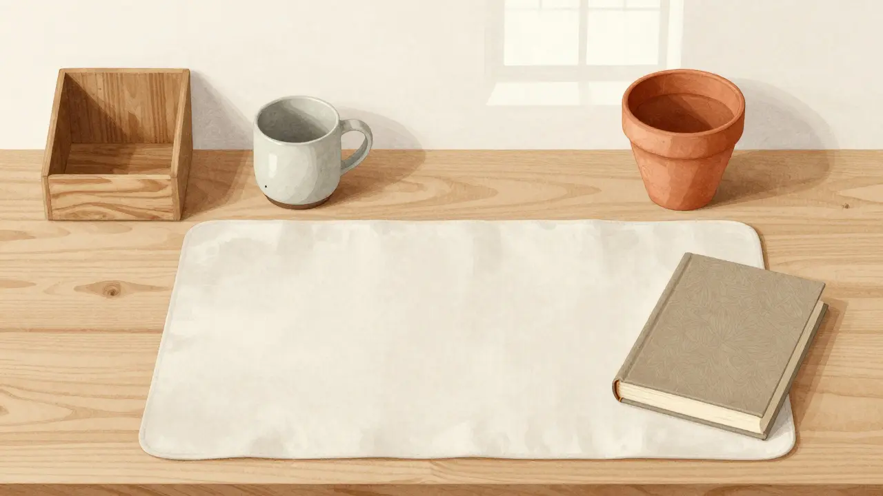 Pohled shora na minimalistickou pracovnu s pěti klíčovými prvky: dřevo, keramika, textil a květináč.