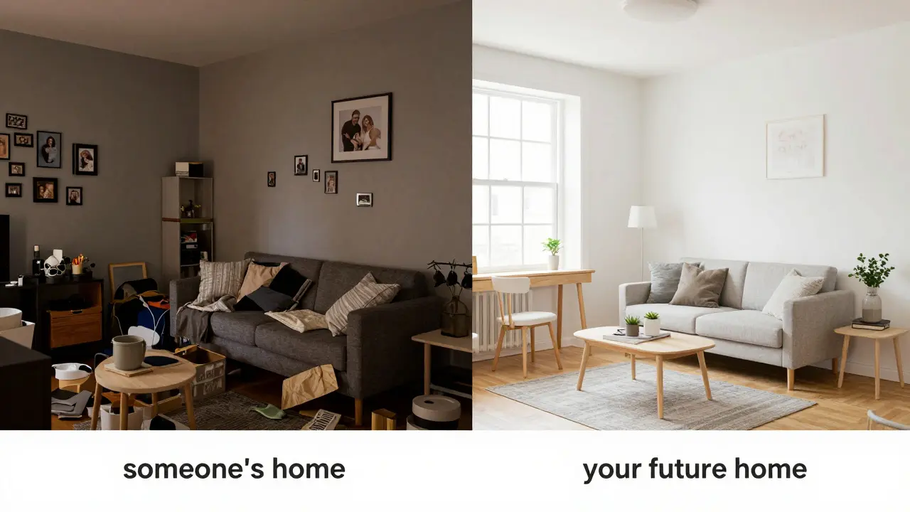 Porovnání zaplněného a stagingem připraveného bytu — kontrast mezi chaosem a čistotou.