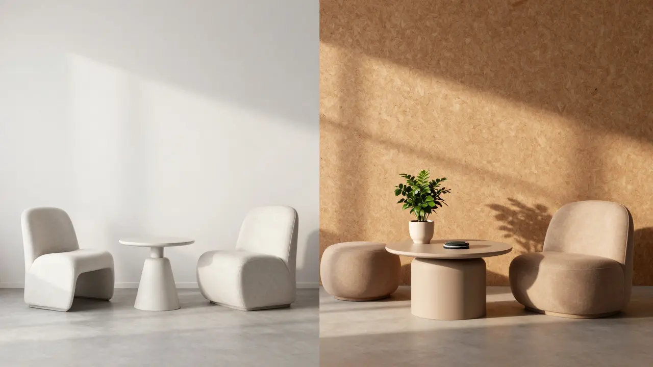 Před a po transformaci bytu: z minimalistického prostoru na teplé, přizpůsobivé prostředí s přírodními materiály.