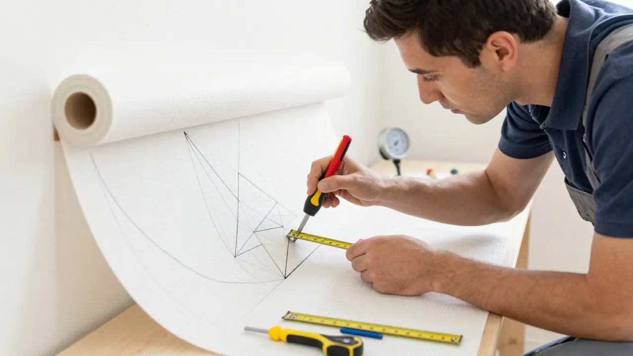 Profesionál přesně vyrovnává geometrickou tapetu na stěně s měřicím nástrojem, netkaný materiál s jemnou texturou.