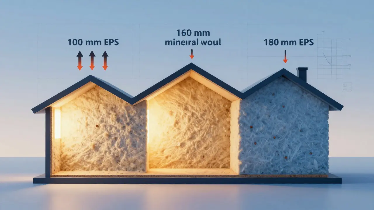 Průřez zdi domu s porovnáním různých tlouštěk izolace a tepelných ztrát.