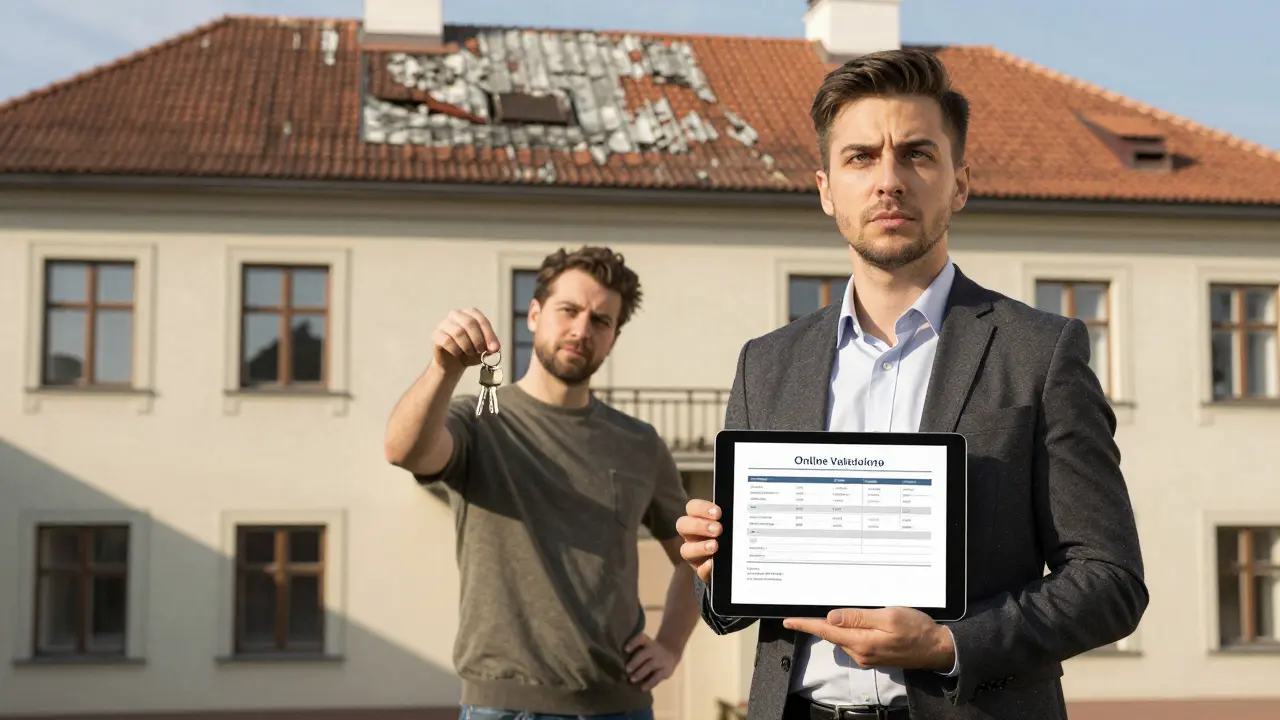 Realitní makléř ukazuje odhad ceny na tabletu, zatímco vlastník pozoruje poškozenou střechu domu.