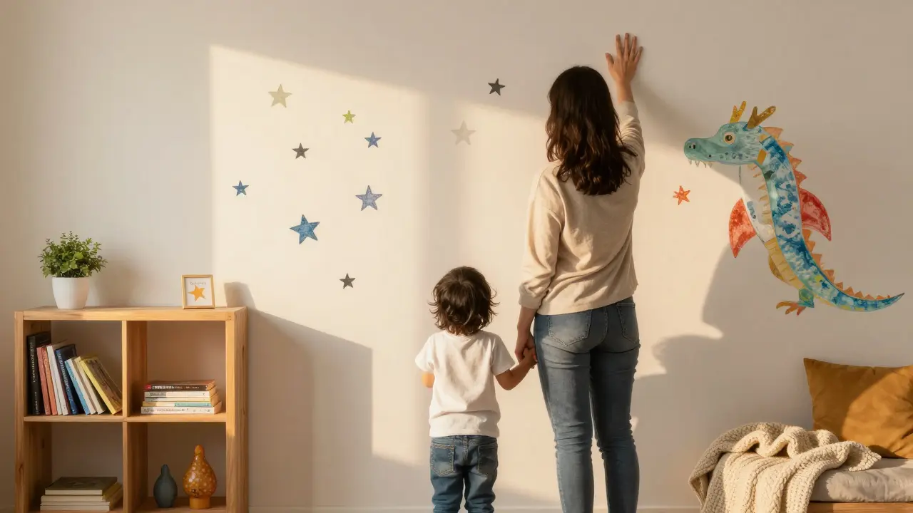 Rodič a dítě společně obdivují vlastnoručně vytvořenou stěnnou malbu s hvězdami a drakem.