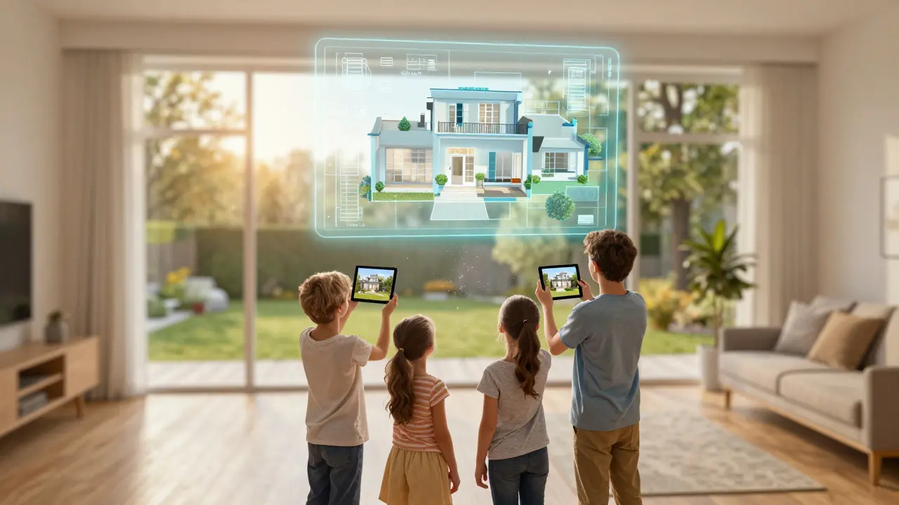 Rodina v ČR sleduje holografický půdorys svého domu na tabletu, zatímco AR zobrazuje virtuální prvky v reálném prostředí.