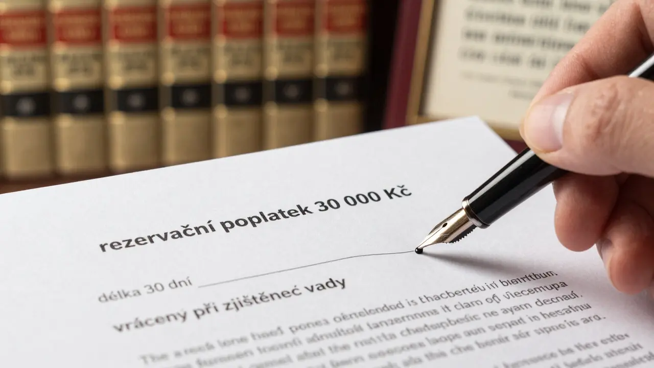 Ruka podepisuje rezervační smlouvu s důležitými podmínkami viditelnými na papíře.