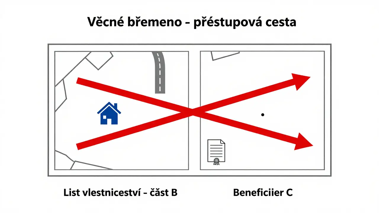 Schéma dvou pozemků s červenou cestou a popisky částí B a C listu vlastnictví.
