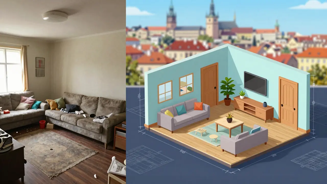 Srovnání statické fotografie a interaktivní 3D prohlídky bytu s měřícími čarami a navigací v prostoru.