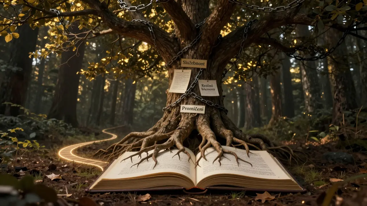 Strom s kořeny tvaru právních dokumentů růst z katastrální knihy, symbolizující trvalá břemena na nemovitosti.