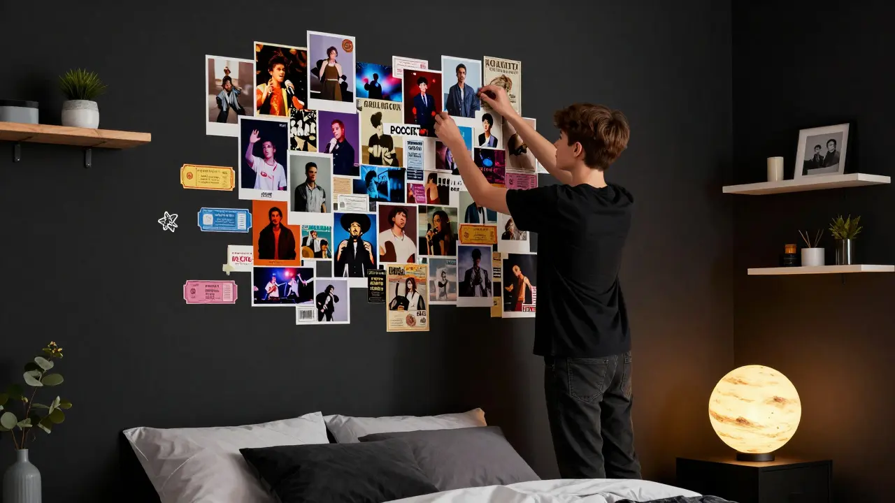 Tináž upravuje nástěnnou koláž z výstřižků a fotografií na černé stěně s lampou ve tvaru planety.