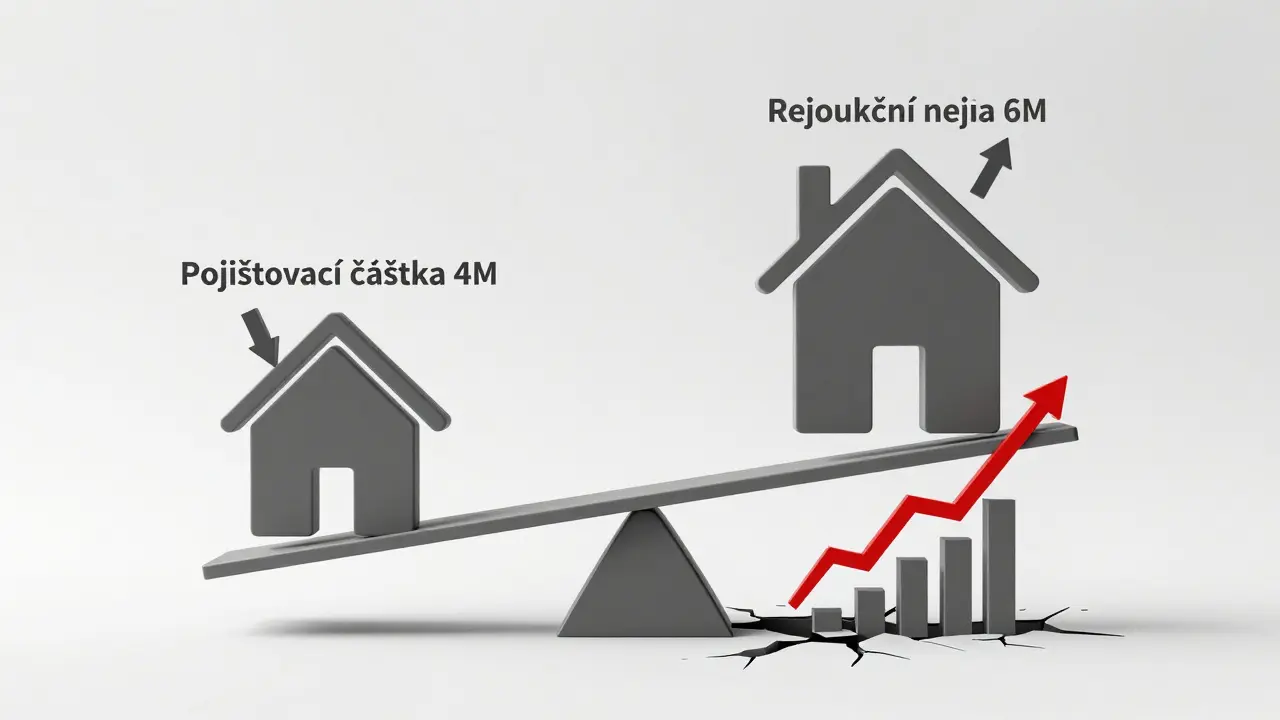 Váha s domem na jedné straně a vyšší hodnotou obnovy na druhé, symbolizující podpojištění.