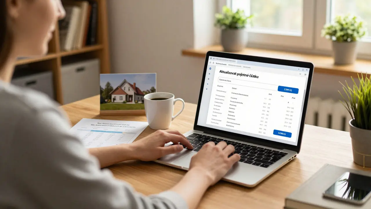 Vlastník domu na počítači kontroly pojistnou částku s odhadem nákladů na obnovu na stole.