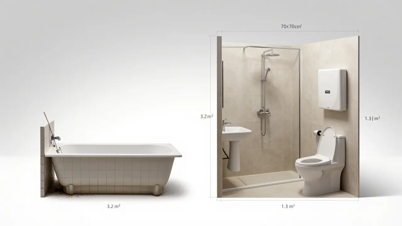 Before-and-after view of a tiny bathroom transformation, showing space gained by using smart fixtures and large tiles.