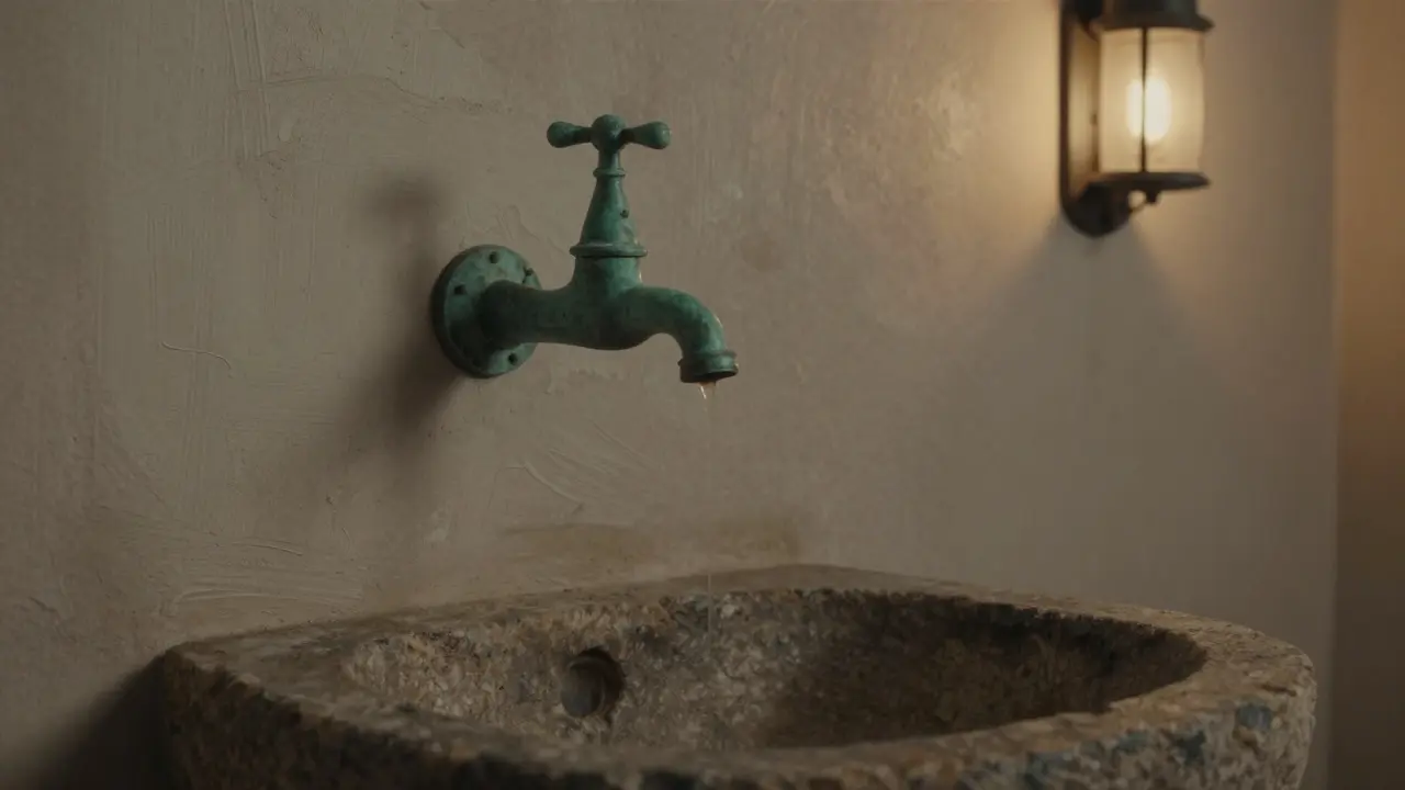 Bronzový kohoutek s patinou kapající na kámen, stěna s hrubou omítkou a teplým osvětlením.