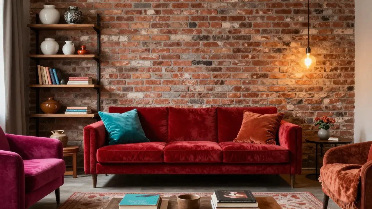 Červená sedačka v bohémském obýváku s cihlovou stěnou a barevnými polštáři.