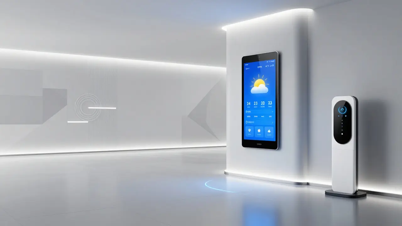 Chytrá vstupní hala s senzory pohybu a digitálním zrcadlem pro moderní bydlení.