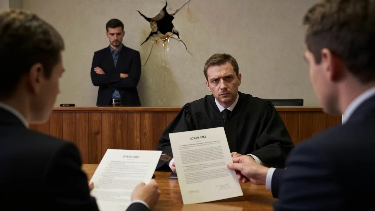 Courtroom scene with judge, buyer, and seller, focusing on expert report and leaking wall.