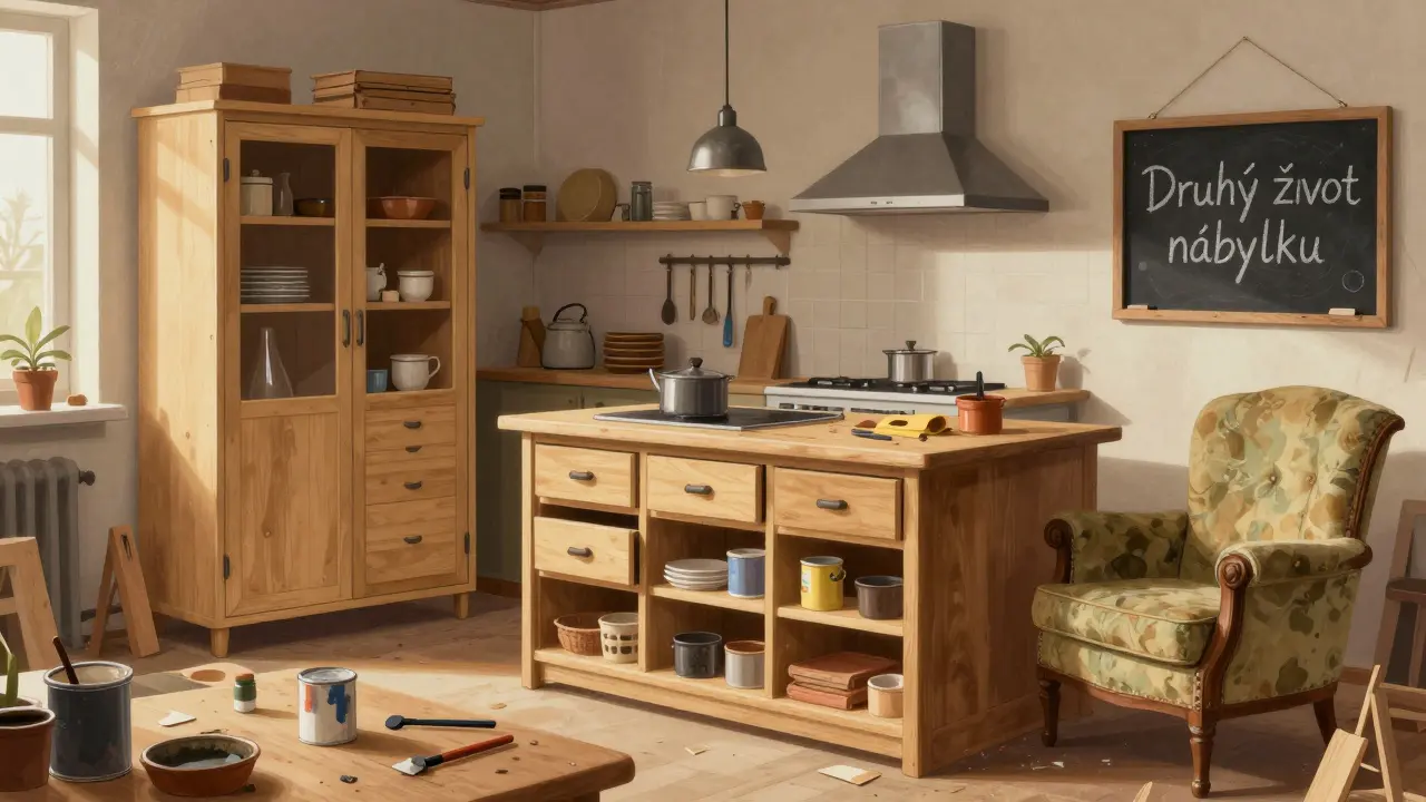 Dílna s přeměněným šatníkem na kuchyňský ostrov a starou pohovkou na balkon.