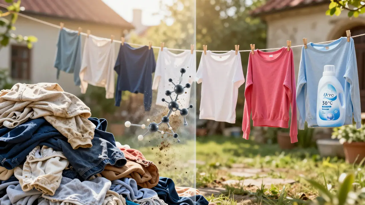 Dva břehy: poškozené oblečení z vysoké teploty a živě barvité věci z jemného praní na 30 °C.