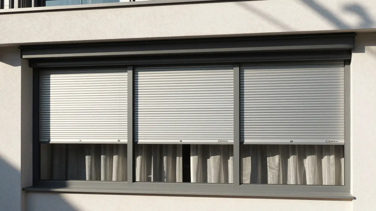 Fasáda domu s venkovními roletami zavřenými a vnitřními průhlednými závěsy.