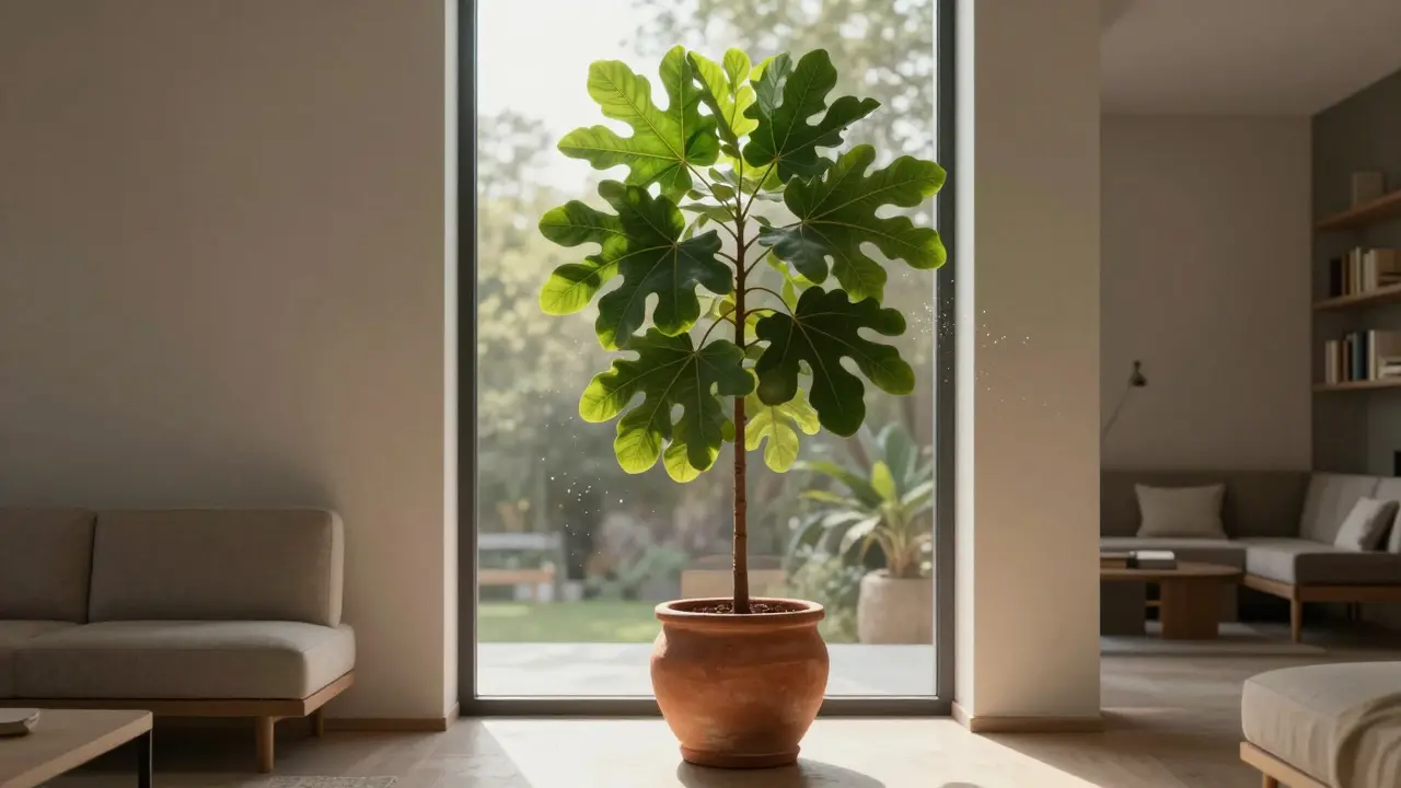 Fíkus lyrata stojící před velkým oknem, jeho lesklé listy osvětlené sluncem, vytvářející přírodní vertikální osu v interiéru.