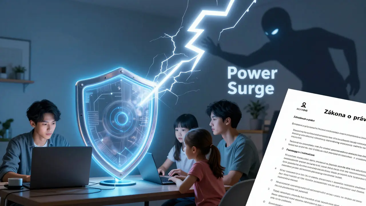 Glowing shield protects home office electronics from lightning, with legal document hinting at workplace safety regulations.