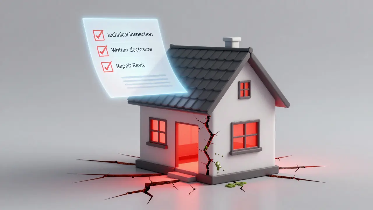House with hidden flaws glowing beneath protective checklist icons for inspection and receipts.
