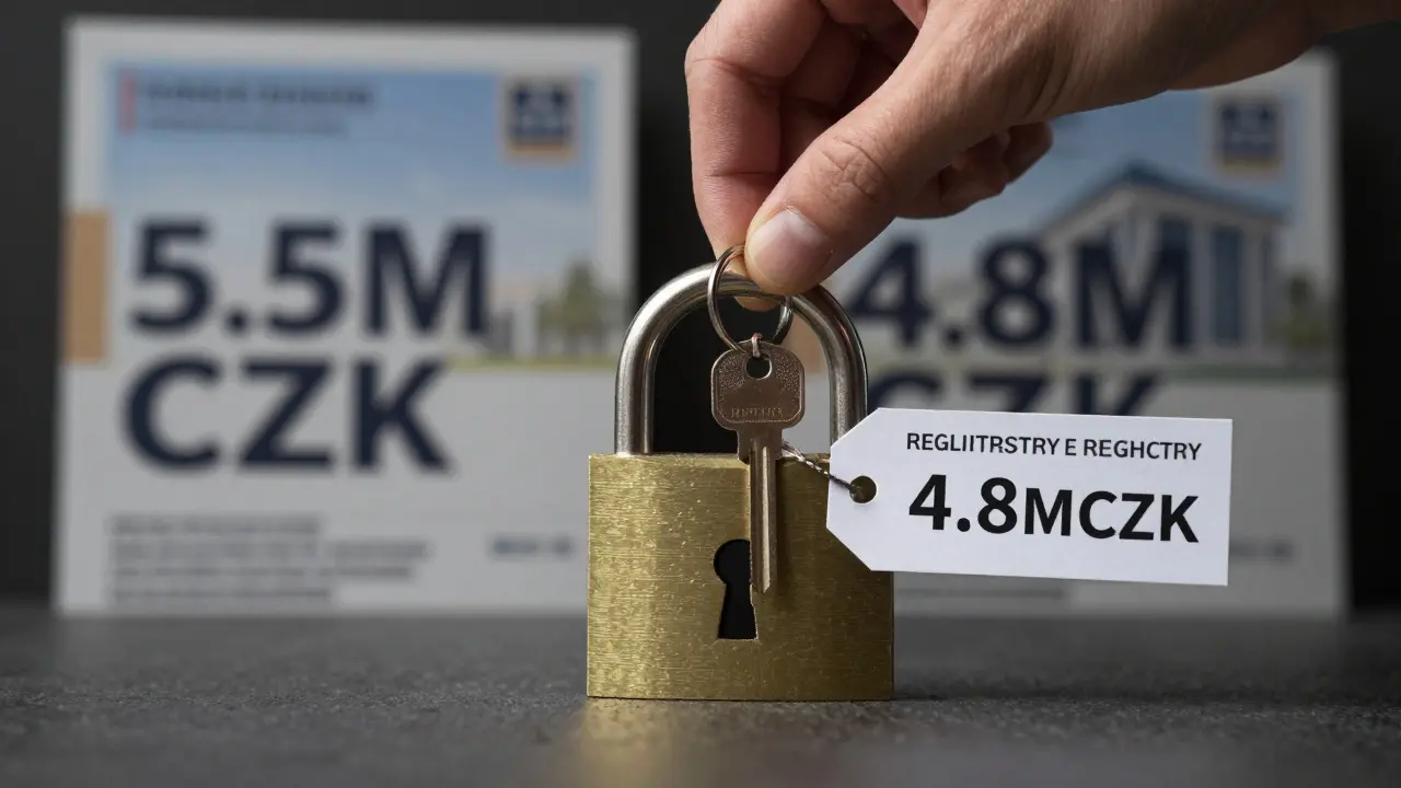 Klíč v zámku, který odhaluje skutečnou cenu nemovitosti místo nabídkové ceny.