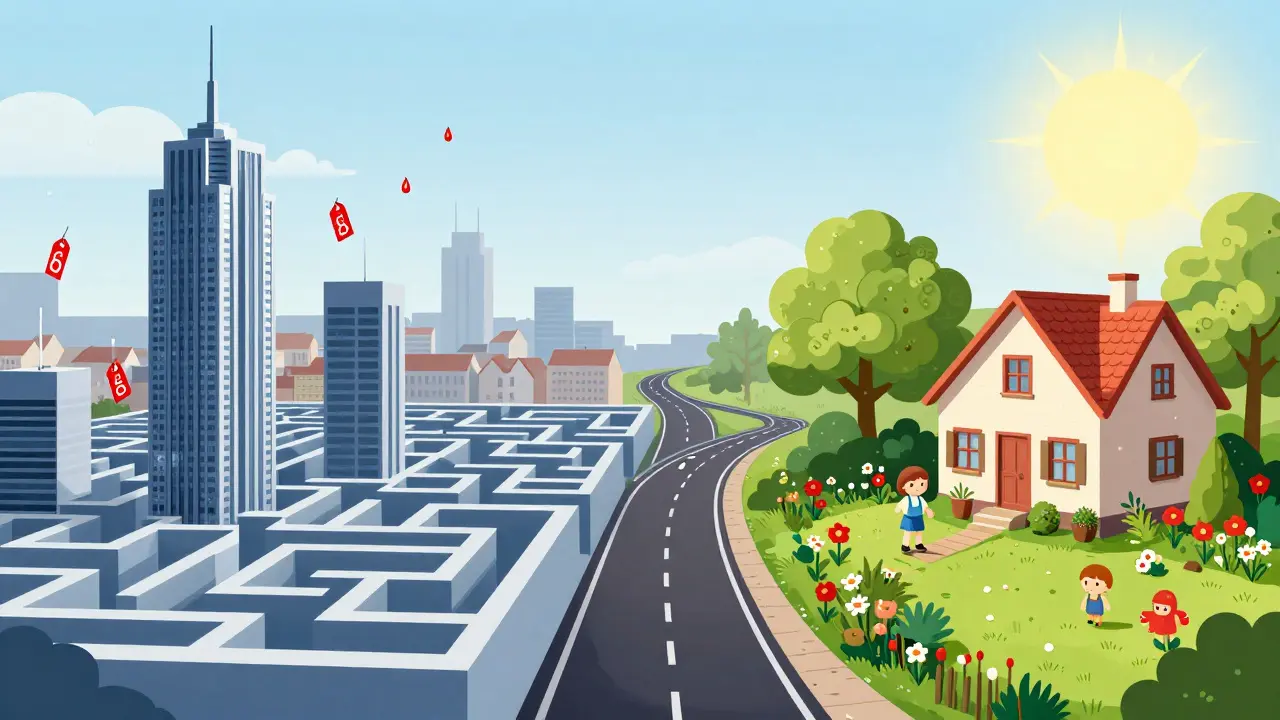 Kontrast mezi drahým pražským bytem a klidným domem v regionu, spojeným cestou, která rozděluje možnosti.