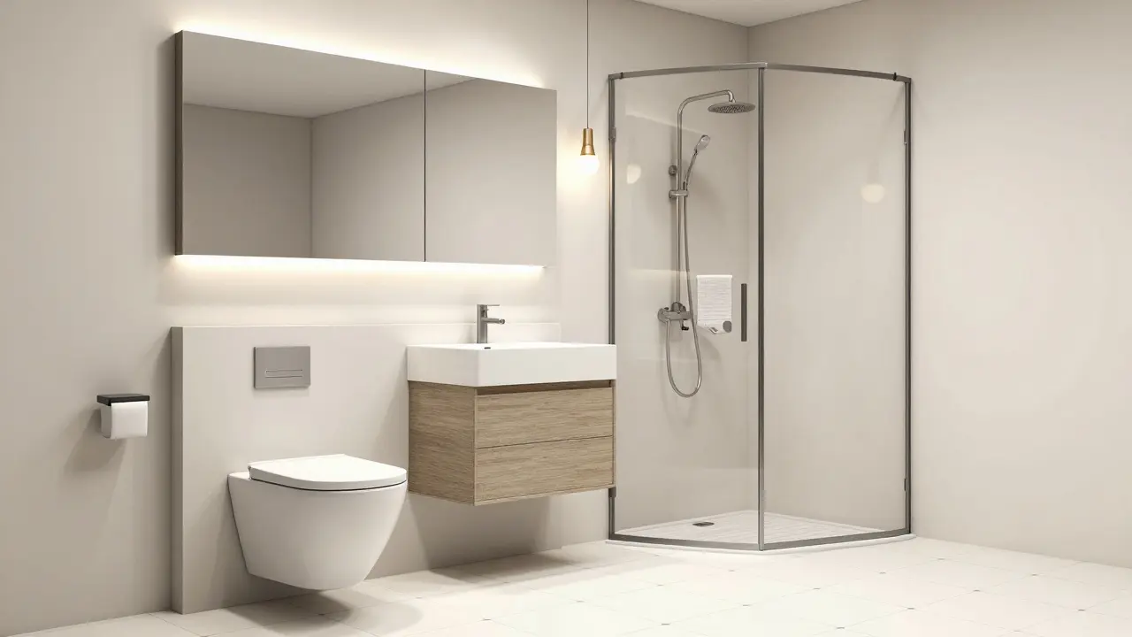 Minimalist Czech bathroom with hidden toilet cistern, retractable sink, and mirrored storage cabinet under LED lighting.
