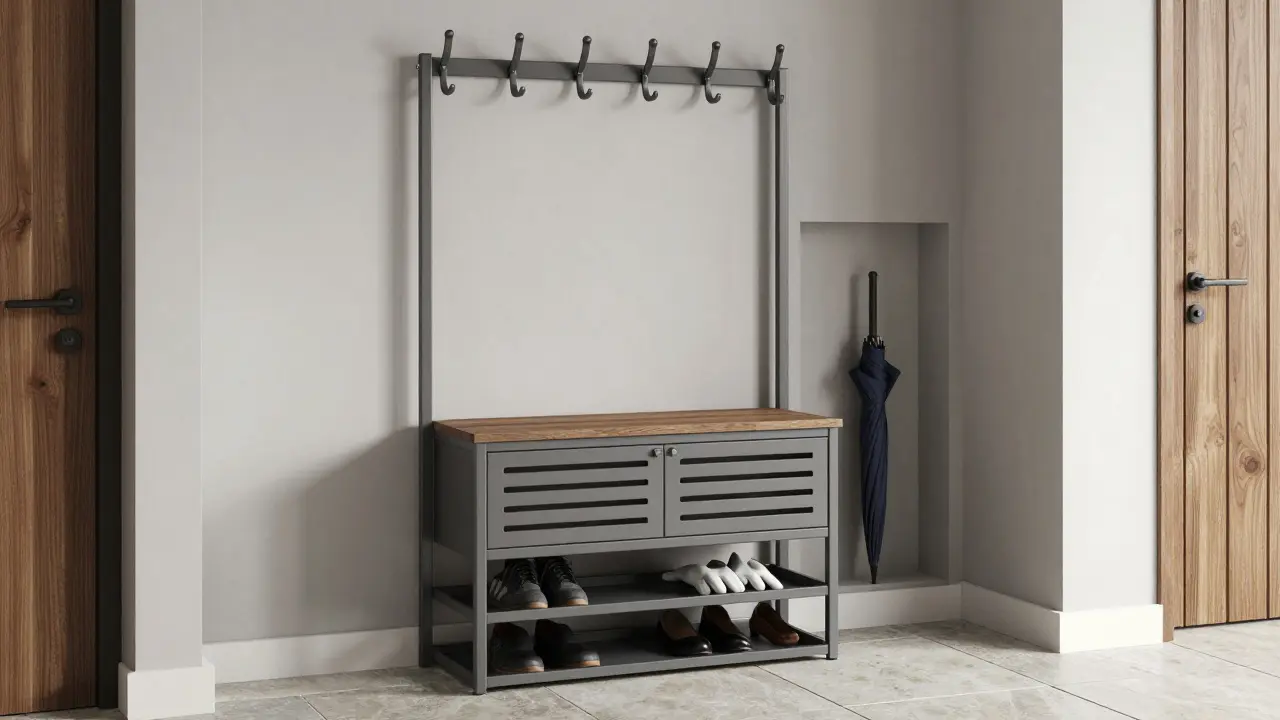 Moderní vstupní hala s kovovým věšákem, botníkem a skříňkou pro drobnosti na zdi.