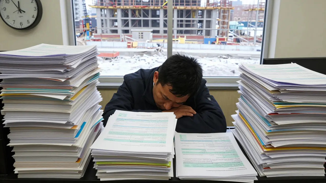 Muž u bankovního úředníka, kolem něj hromady dokumentů, venku zastavená stavba—symbolizující zpoždění hypoték.