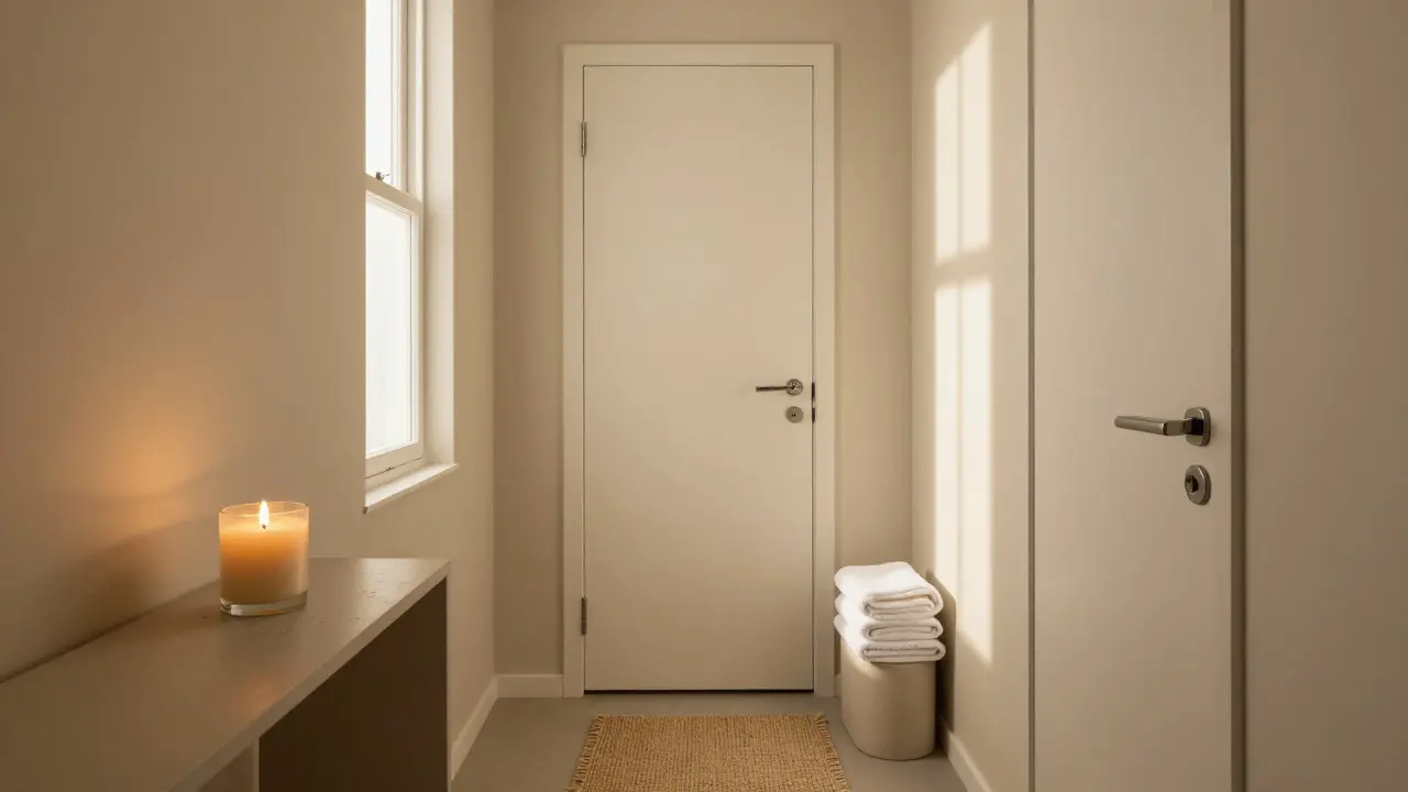 Neutrální chodbě s jednou svíčkou, kobercem a dvěma čerstvými ručníky, osvětlená přirozeným světlem.