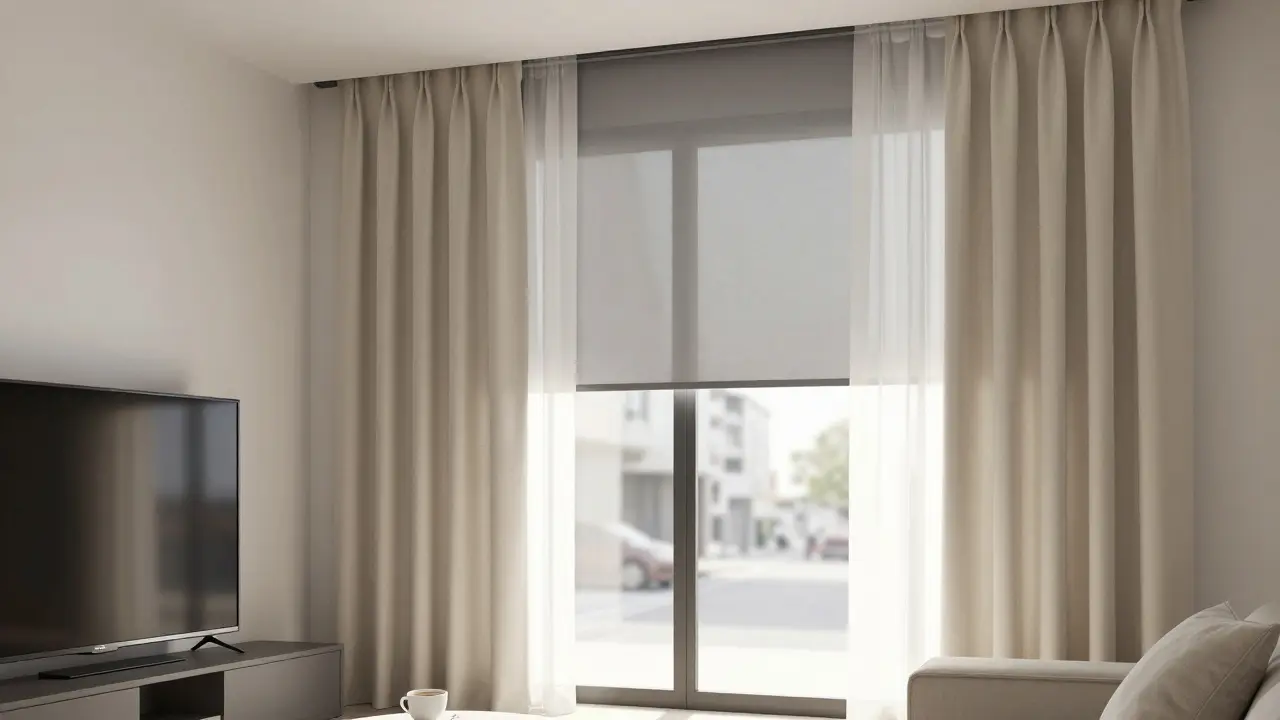 Obývací pokoj s panelovými závěsy a screenovými roletami, jemné světlo vstupuje do místnosti.