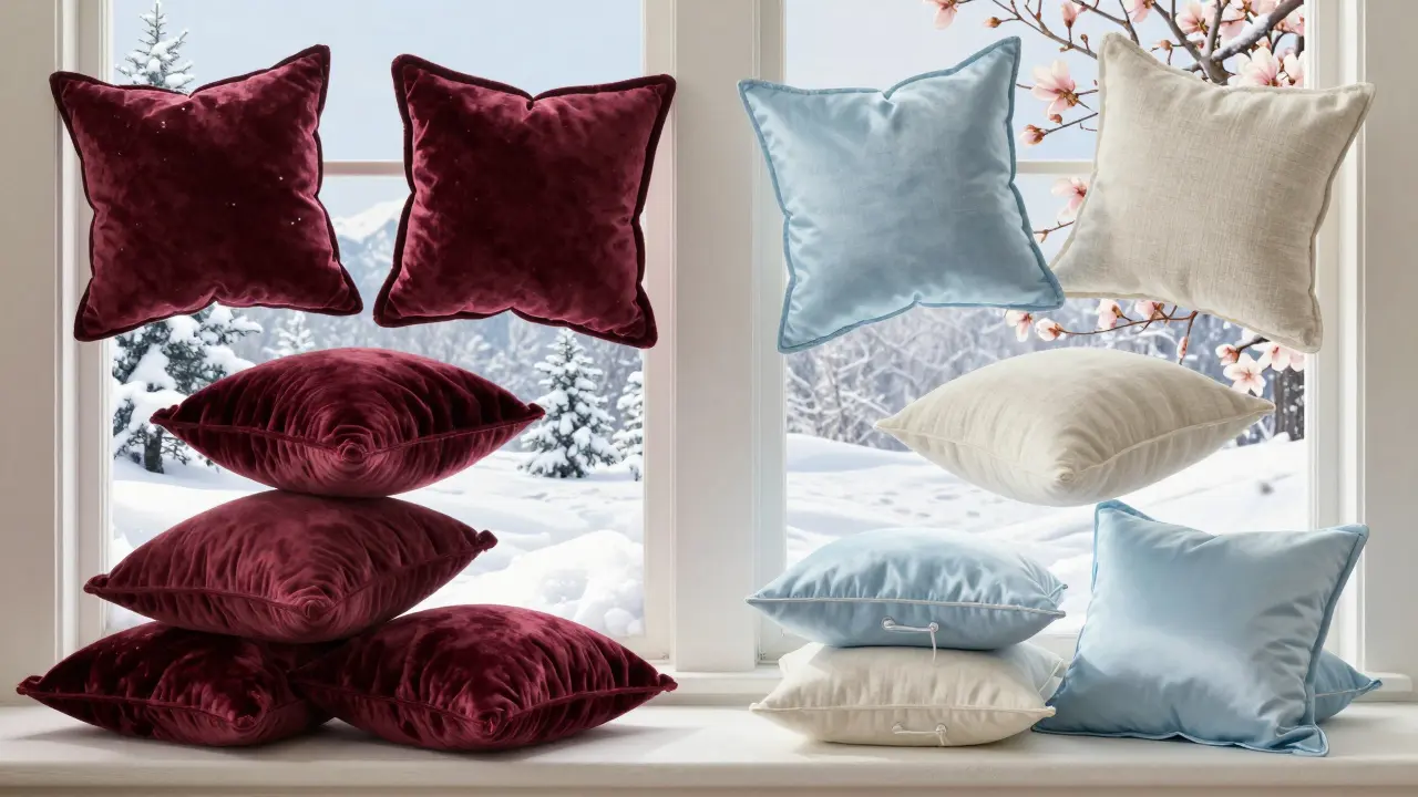 Přechod mezi zimními a letními dekorativními polštáři s kontrastními barvami a texturami, znázorněný jako vznášející se převracení.