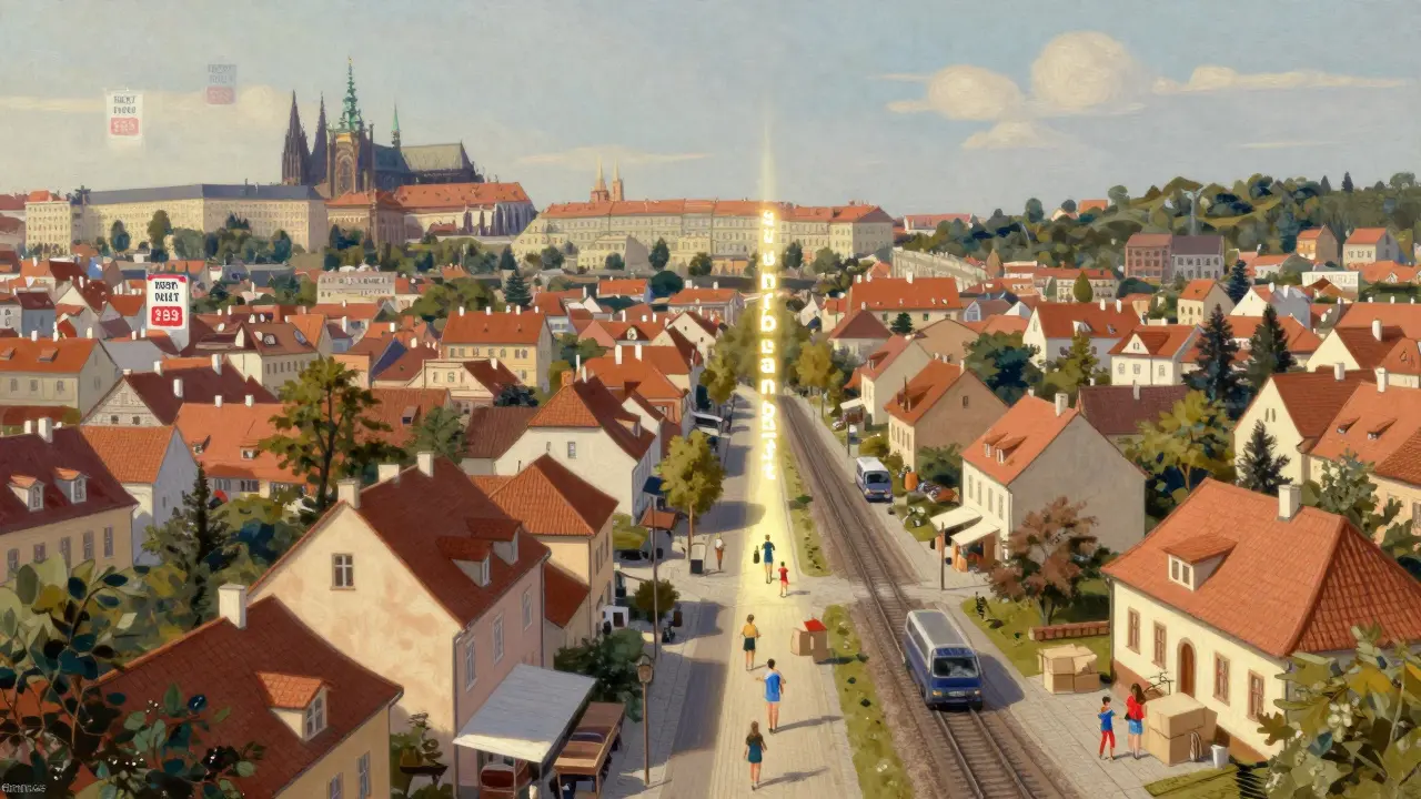 Scéna spojující Prahu s příměstskými městy, symbolizující přesun nájemníků z centra do venkovských oblastí.