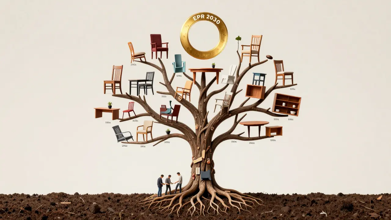 Strom s větvemi z recyklovaného nábytku, kořeny tvaru Česka a kruhem EPR 2030 nahoře.