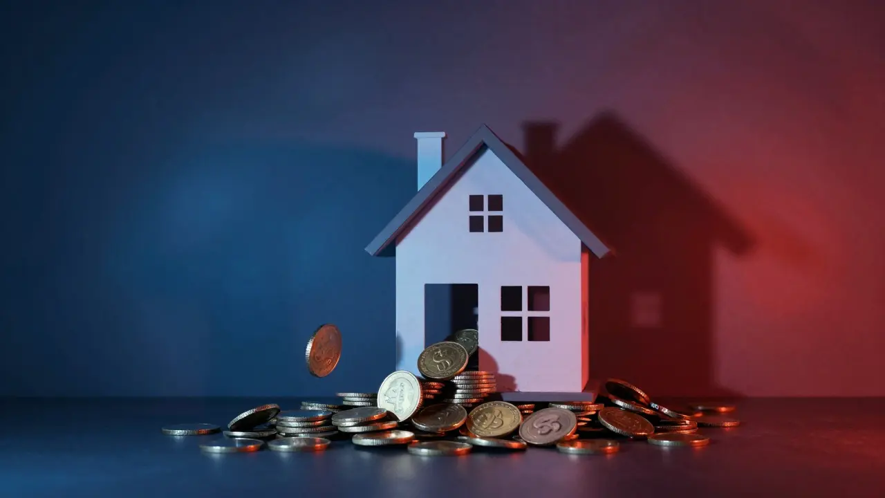 Symbolický dům na mincové podlaze s padajícími mincemi a temným oblakem