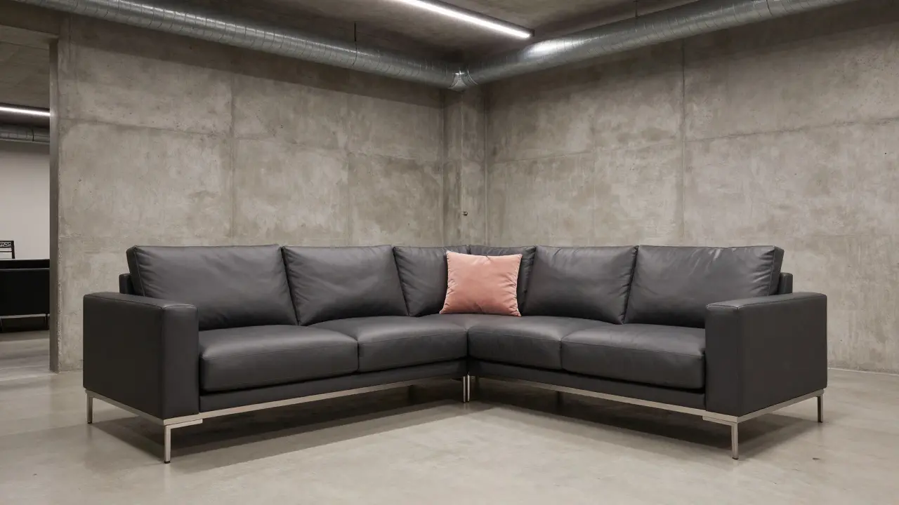 Tmavě šedá kožená sedačka v industriálním stylu s kovovými nožičkami a akcentem růžového.