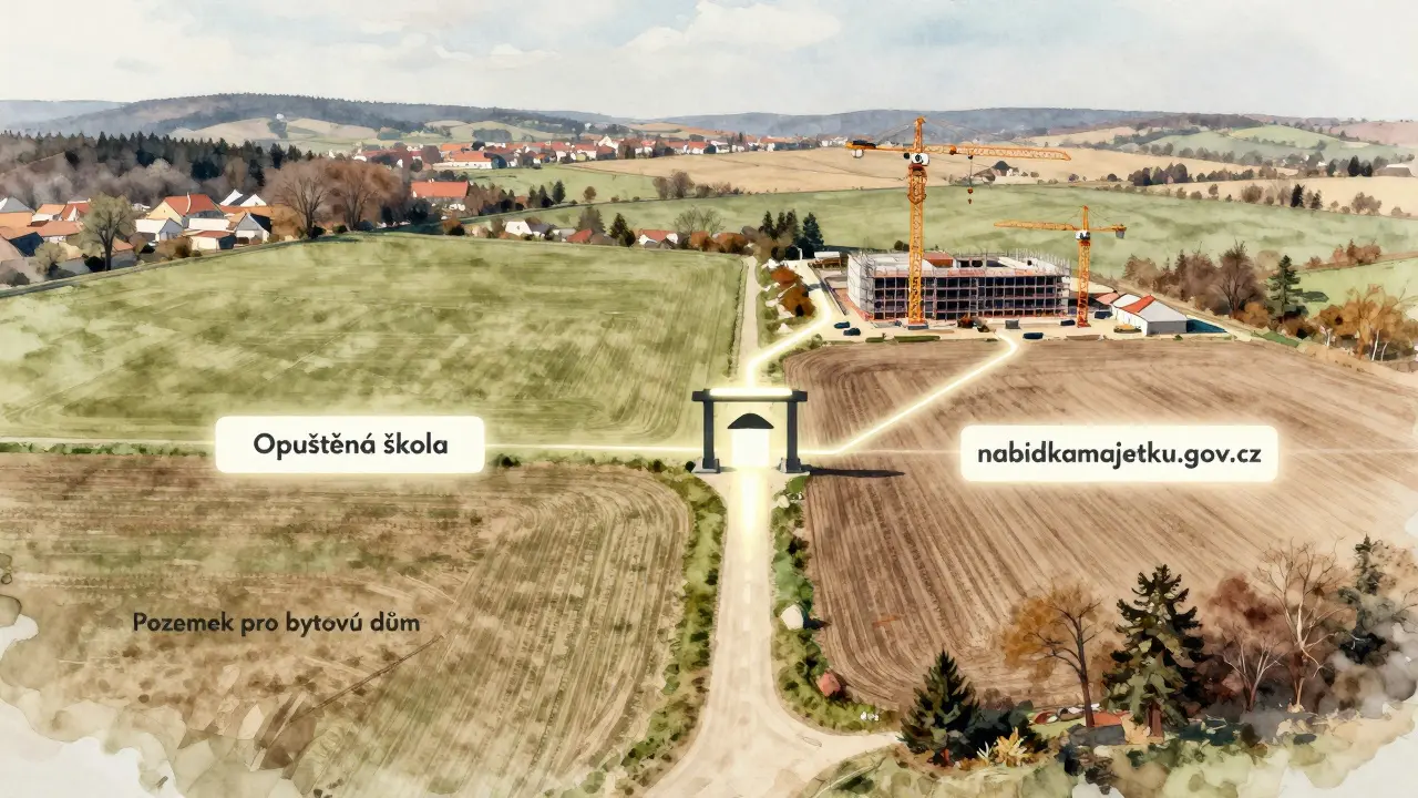 Tři různé pozemky veřejného majetku v české krajinné krajině s přístupem přes portál.