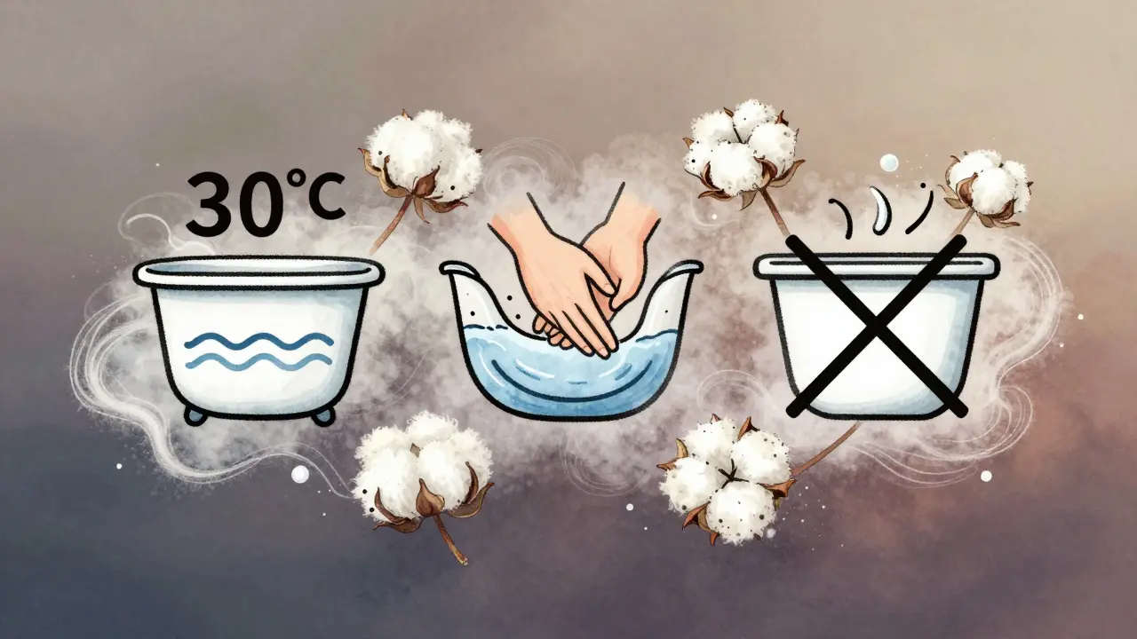 Tři symboly pro praní textilie v uměleckém stylu: vanička s 30 °C, ruka a zakázaný symbol.