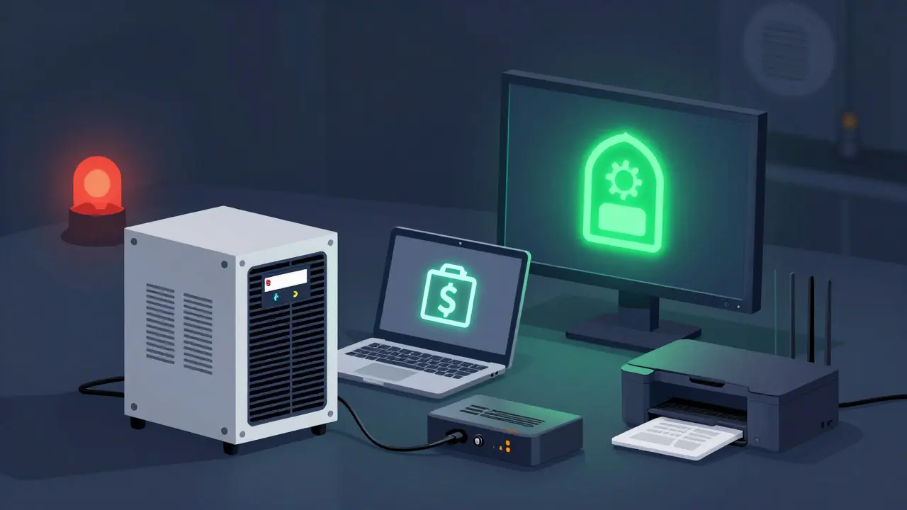 UPS napájí počítač během výpadku proudu, zatímco jiná zařízení jsou připojena k přepěťovce.