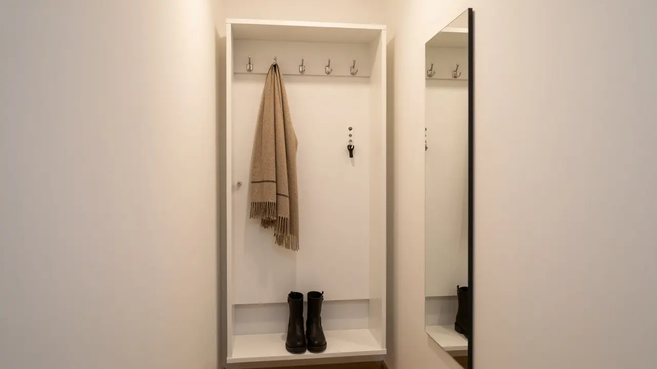 Úzká chodba s integrovanou stěnovou jednotkou, zrcadlem a úložištěm pro boty a klíče.