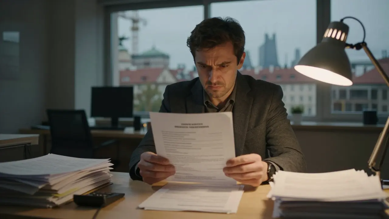 Vývojář prohlíží stavební povolení v úřadě s frustrací na obličeji