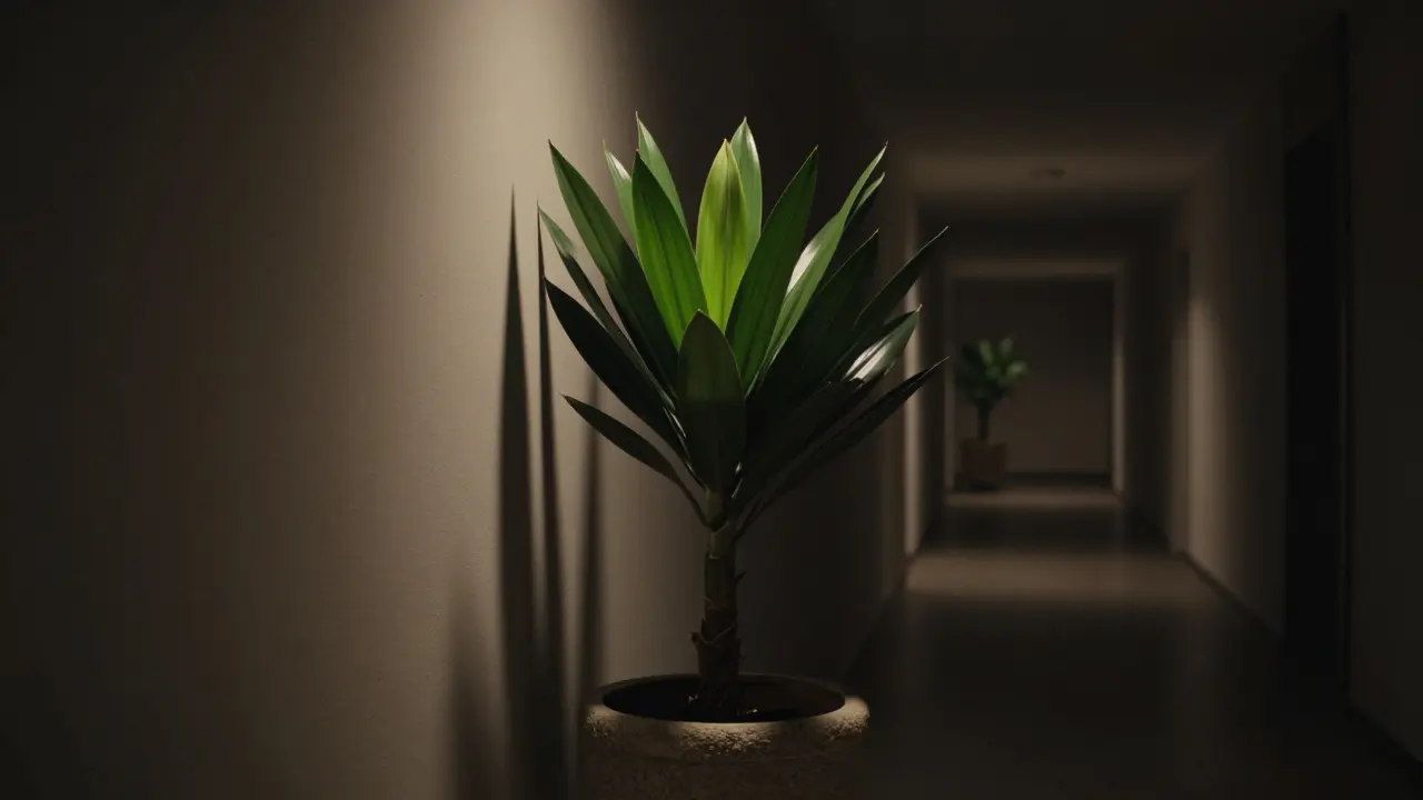 Zamiokulkas v tmavé chodbě, jeho tmavě zelené listy vystupují z těžkého květináče v měkkém světle.