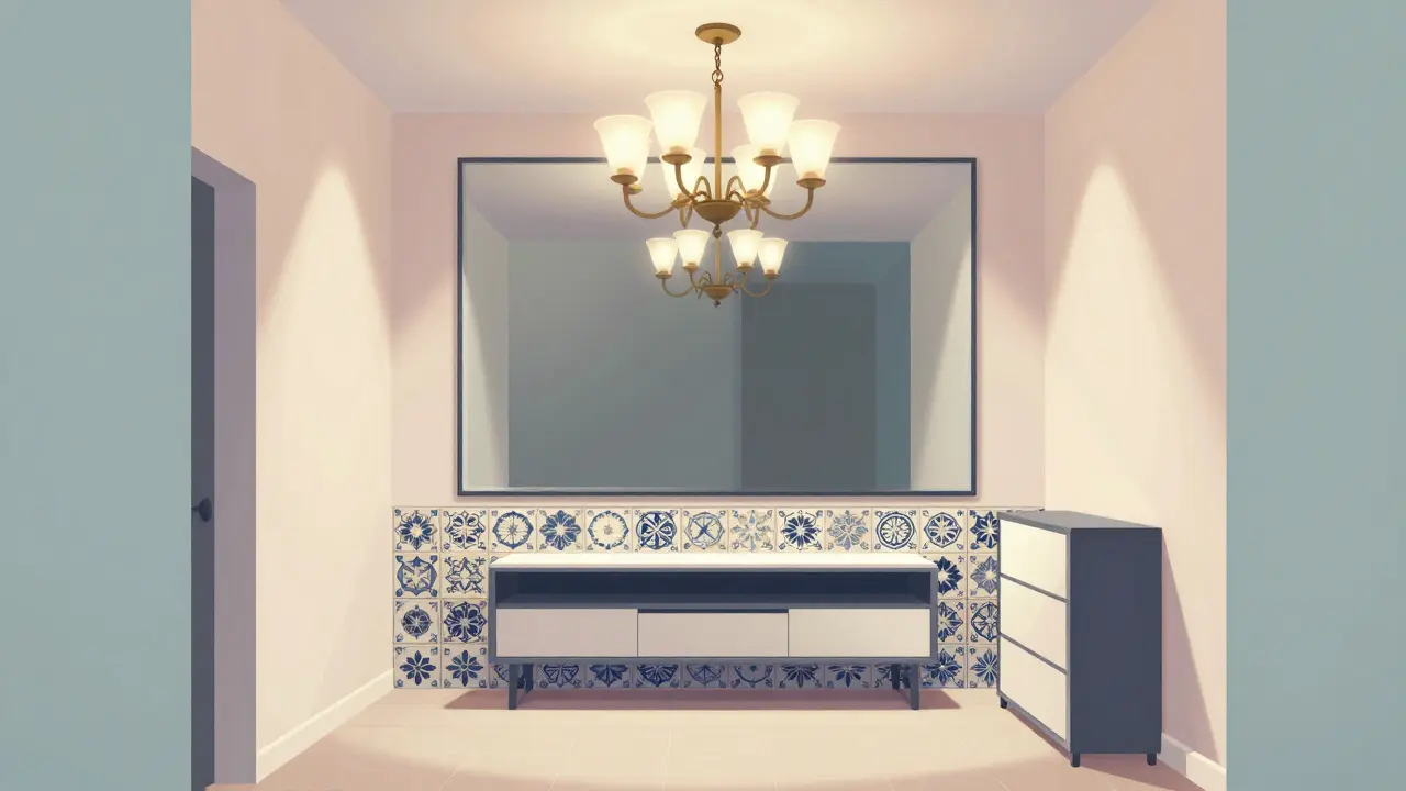 Zrcadlo zvětšující prostor vstupní haly s kombinací osvětlení a keramických dlažeb.