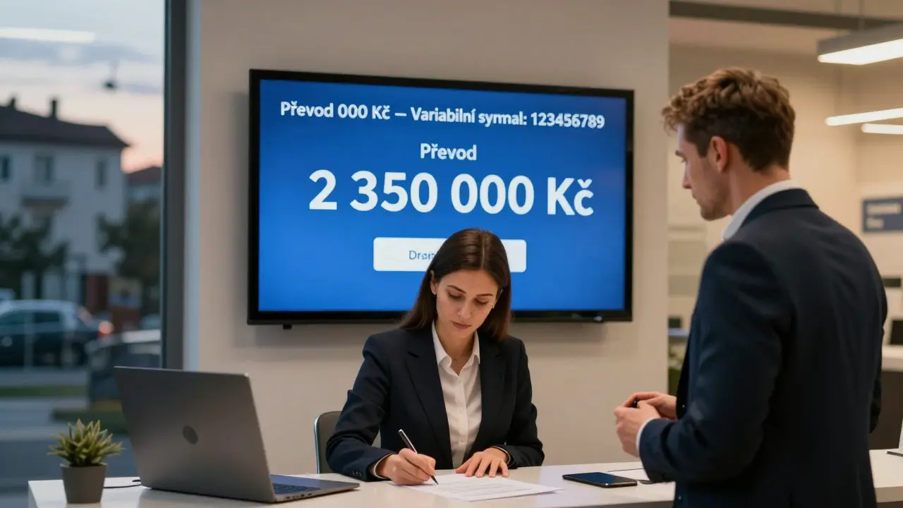Bankovní převod 2,35 mil. Kč s variabilním symbolem a podepisování kupní smlouvy v Česku.