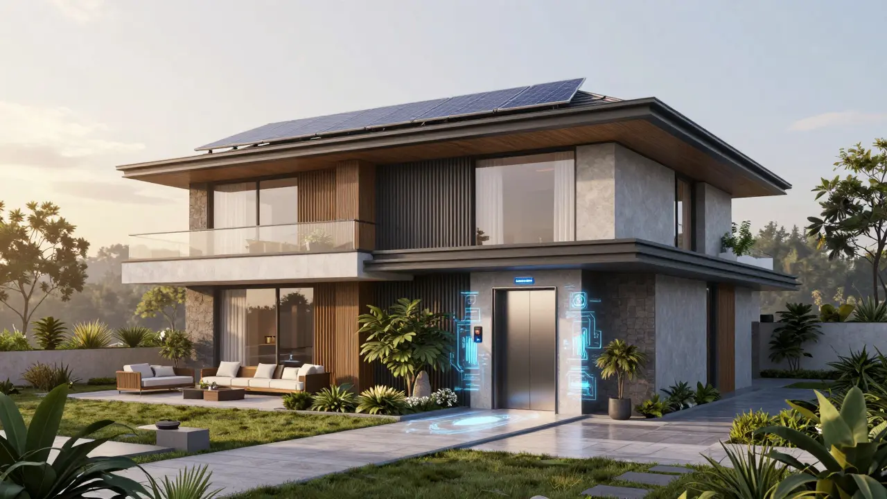 Budoucí luxusní vila s živými zdmi, střešní zahradou a autonomním výtahem, osvětlená ranním sluncem.