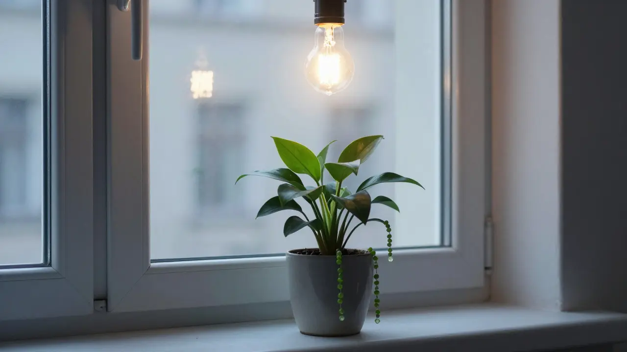 Chlorophytum s dětmi na okně v bytě s jedinou žárovkou, symbolizující čištění vzduchu a snadné přežití.