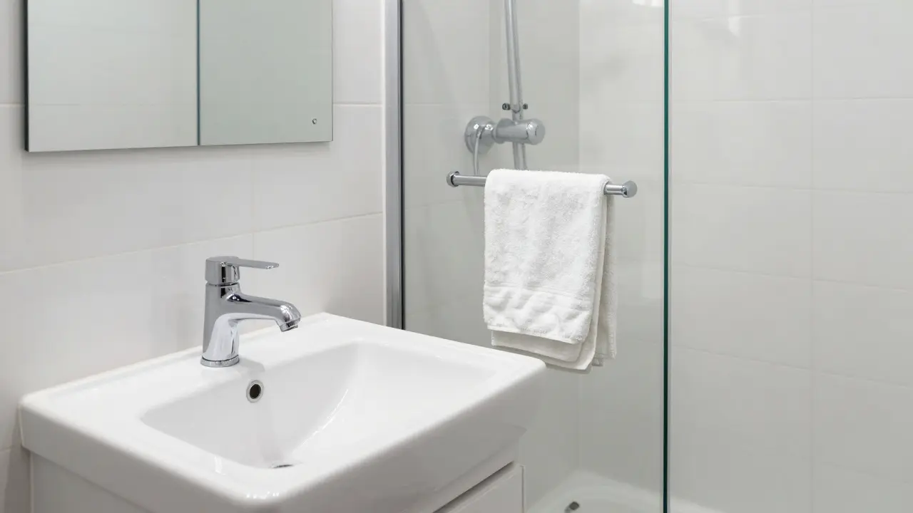 Čistá koupelna s leskou kohoutky a bez stopy nečistot, osvětlená jemným světlem.